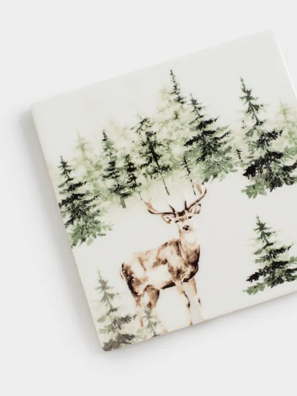 Подставка под кружку, 11х11 см, квадратная, керамика/пробка, Олень в лесу, Woodland story, image-3
