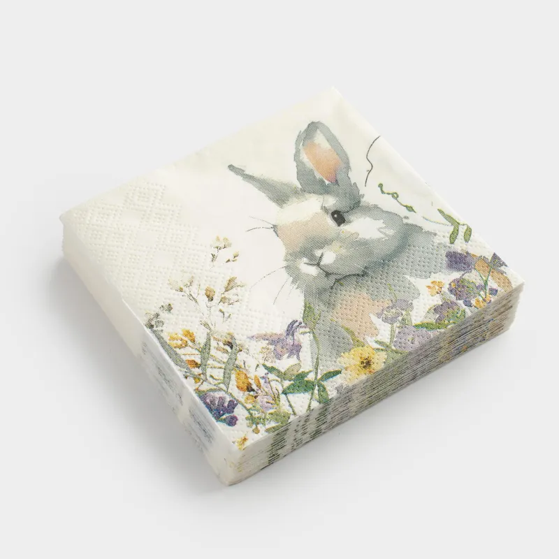 Салфетки бумажные, 21х21 см, 20 шт, квадратные, белые, Кролик в цветах, Easter, image-1