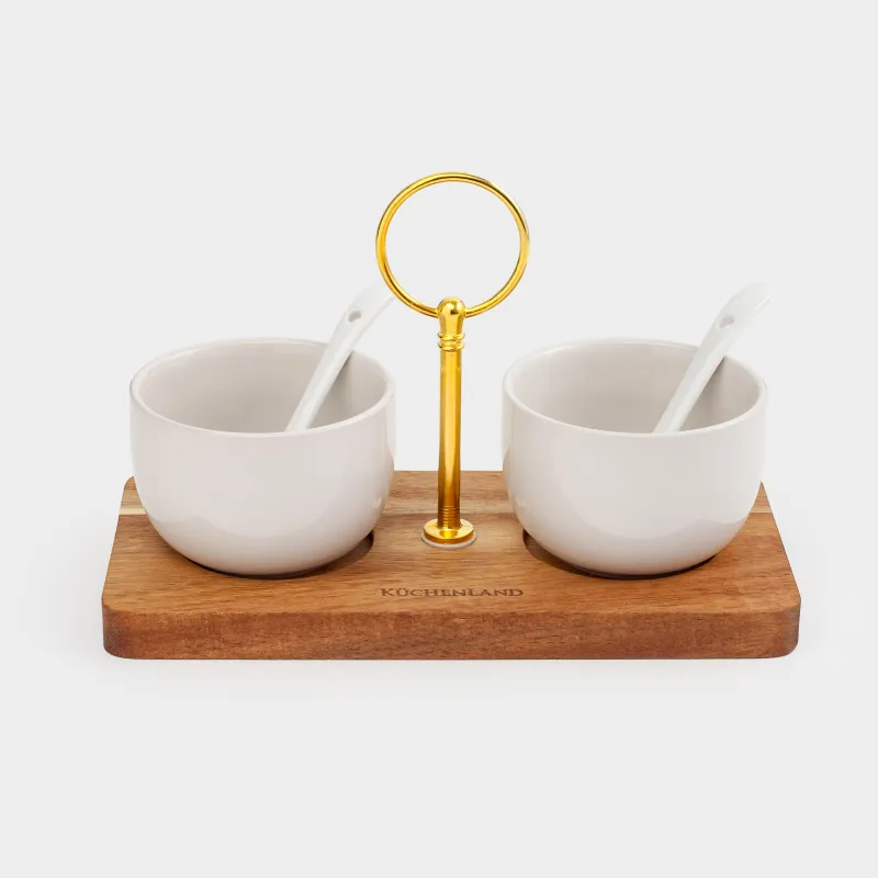 Вазочка для джема, 20x13 см, 2 шт, с ложкой, на подставке, керамика/дерево, молочная, Noble tree, image-0