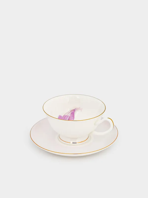 Шай жұбы, 1 адам, 2 зат, 220 мл, фарфор F, күлгін, алтын жиегі бар, Гүл, Bloome, image-1