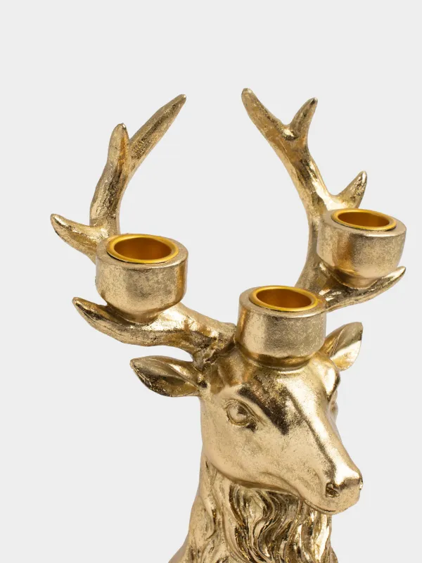 Подсвечник, 21 см, 3 тонкие свечи, полирезин, золотистый, Голова оленя, Deer gold, image-4