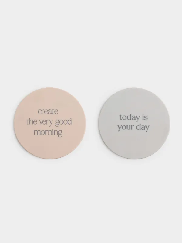 Подставка под кружку, 10 см, 2 шт, круглая, силикон, бежевая/серая, Good morning, Scroll, image-0