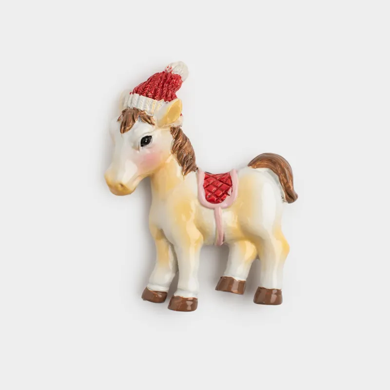 Магнит, 8 см, полирезин, сүтті қызыл, Қалпақ киген пони, Horse christmas