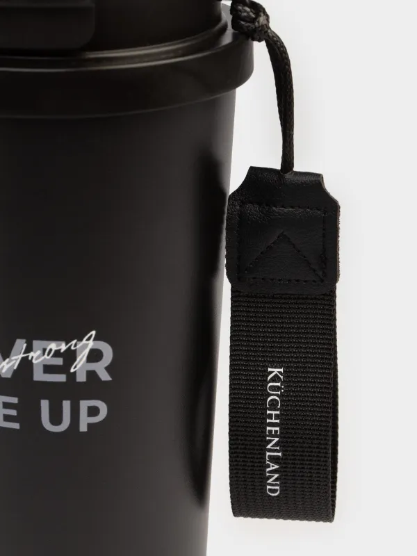 Термо саптыаяқ, 500 мл, клапан/түтік, бауы бар, болат/пластик, қара және алтын, Ballad, image-4