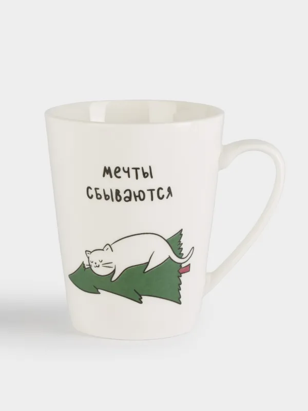 Кружка, 420 мл, фарфор N, белая, Кот на елке, Cat, image-0