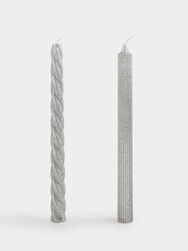 Свеча, 25 см, 2 шт, тонкая, с блестками, серебристая, Spiral shape, image-0