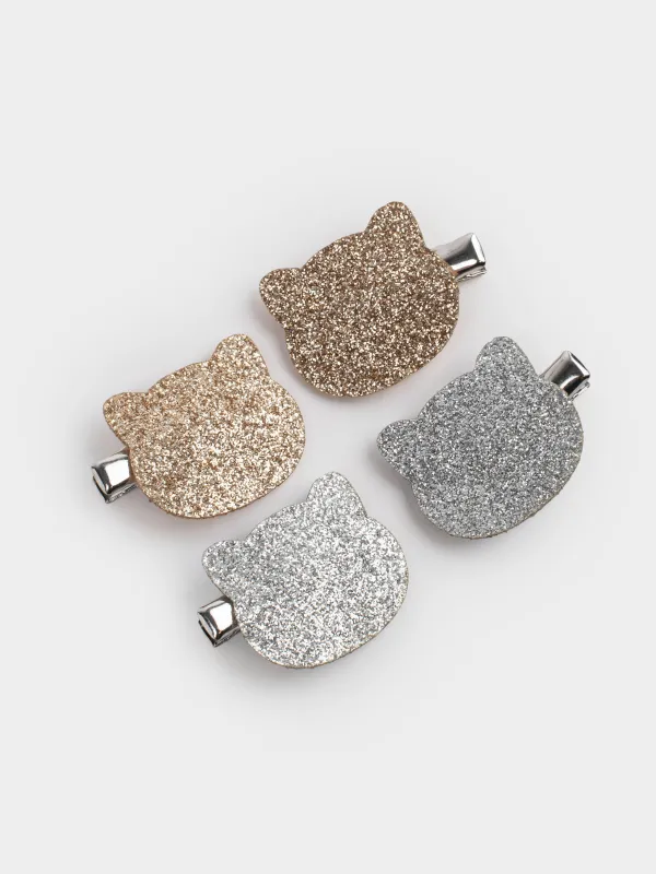 Шаш қыстырғыштар жинағы, 3 см, 4 дана, балаларға арналған, металл, күміс/шампан, Мысық, Cat, image-1