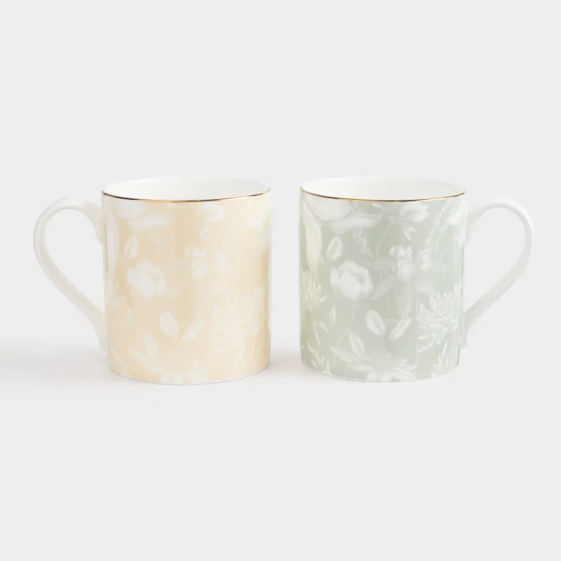 Кружка, 380 мл, 2 шт, фарфор F, с золотистым кантом, желтая/зеленая, Нежные цветы, Surreal, image-1
