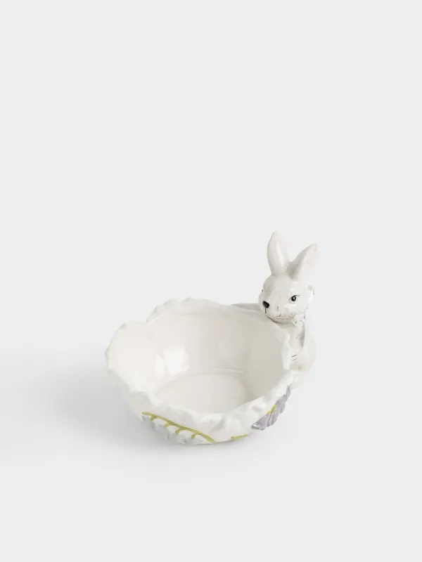 Кәмпит ыдысы, 20х13 см, керамика, сүт түстес және сұр, Гүлдері бар қоян, Easter, image-3