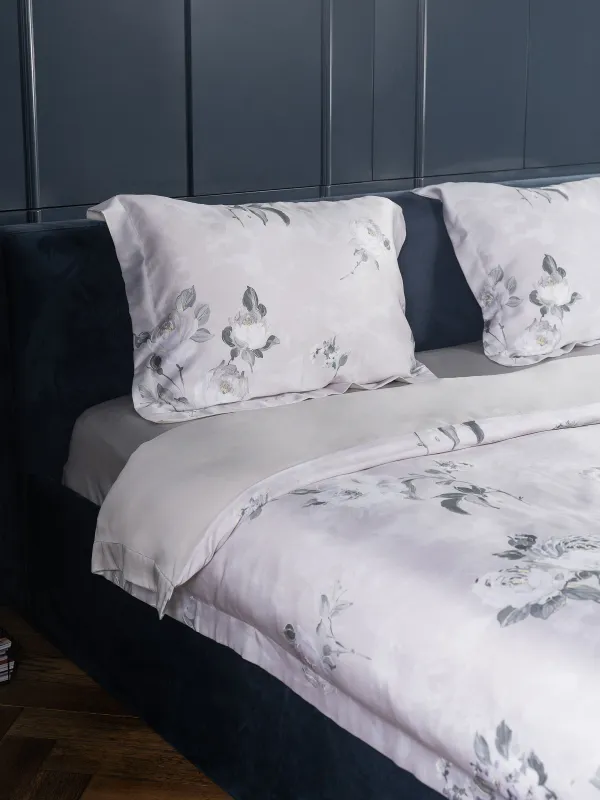 КПБ евро, тенсель 300 ТС, светло-серый, Цветы, Tencel, image-1