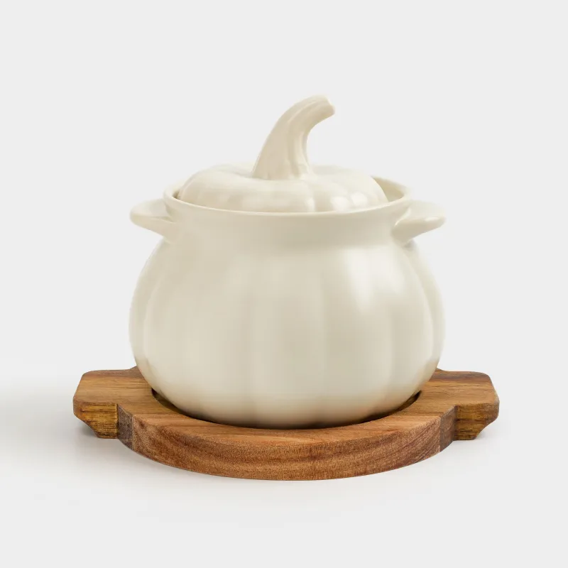 Кокотница, 13 см, 530 мл, с крышкой, на подставке, керамика/дерево, кремовая, Тыква, Gourd