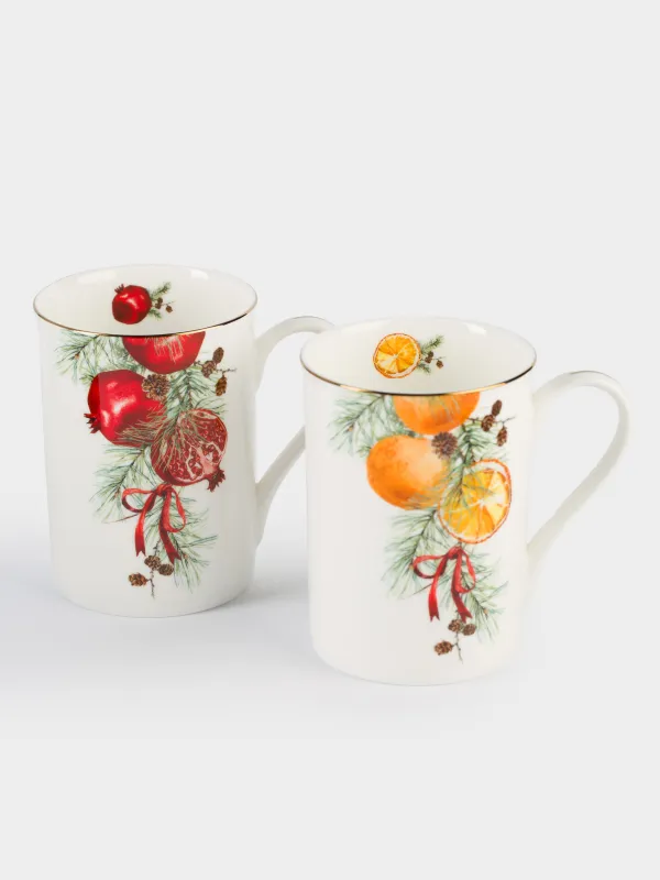 Кружка, 350 мл, 2 шт, фарфор F, белая, Апельсины/Гранаты, Christmas miracle, image-2