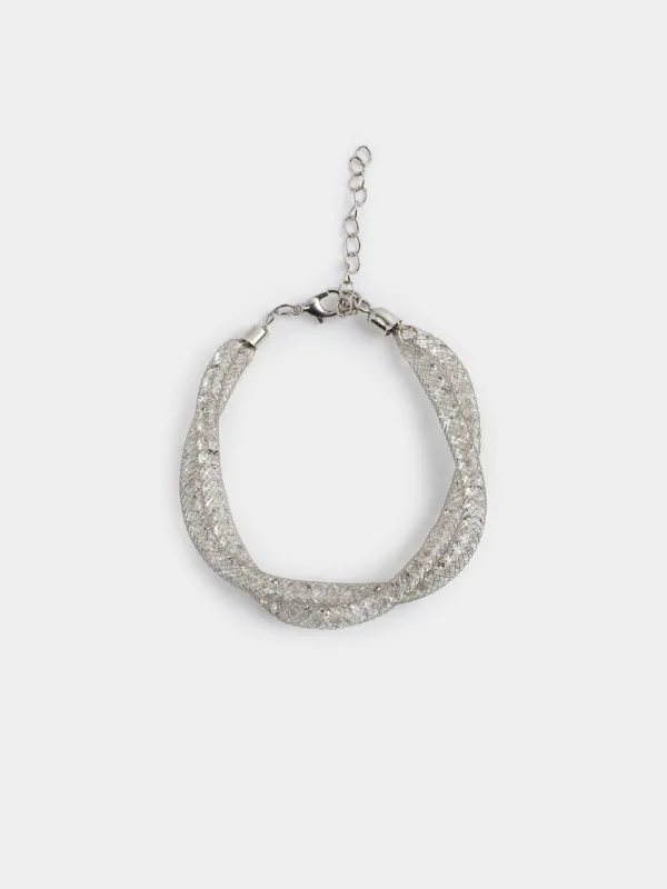 Білезік, 24 см, қос, металл/страздар, күміс, Тоқыма, Jewelry, image-0