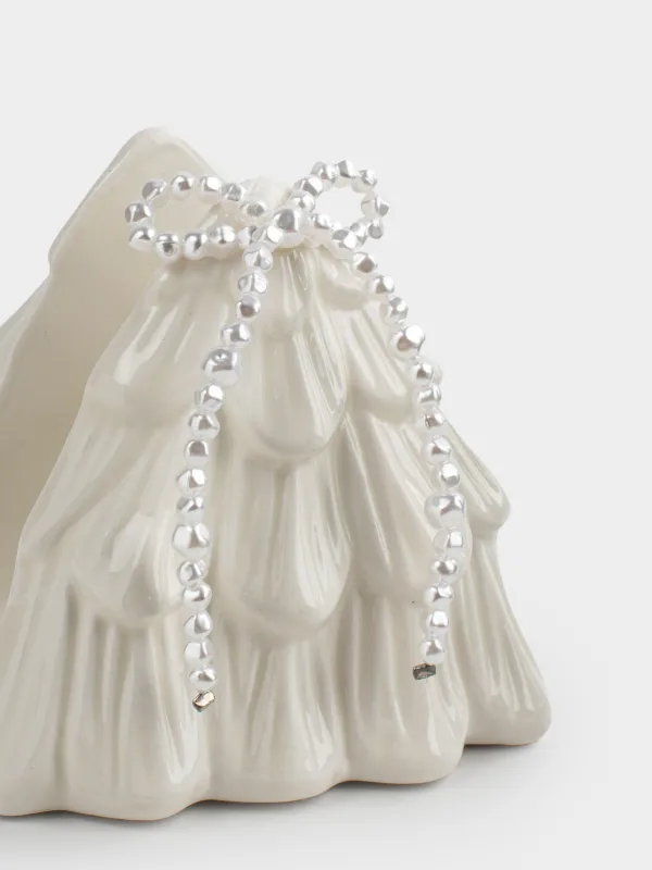 Салфетница, 9 см, керамика D/бисер, молочная, Ель с бантом, Pearl Antarctica, image-1