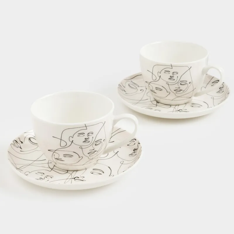 Шәй жұбы, 2 адам, 4 зат, 220 мл, фарфор N, сүт түстес, Абстрактті беттер, Face, image-1