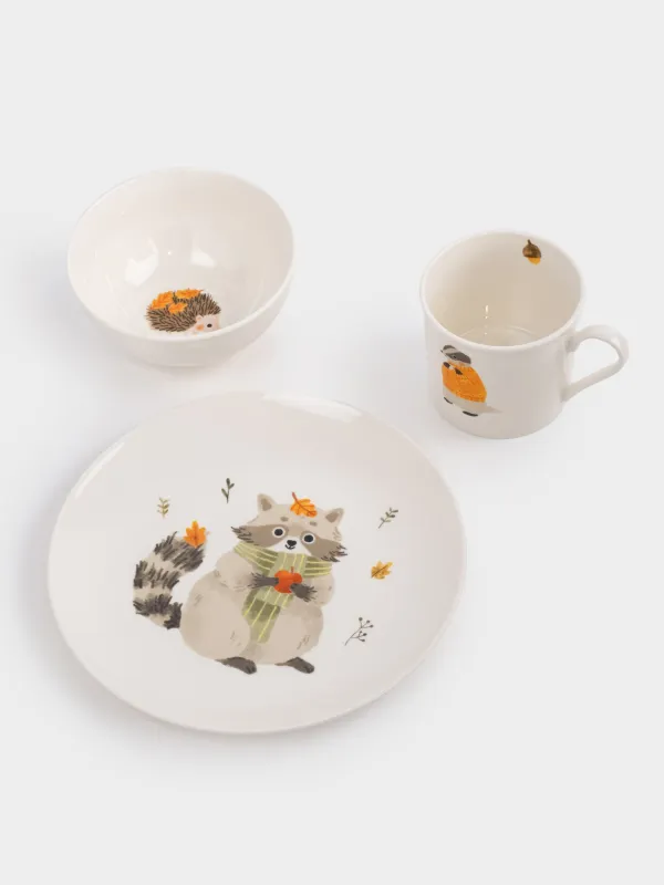 Ыдыс-аяқ жинағы, балаларға арналған, 1 адам, 3 зат, фарфор N, ақ, Жануарлар мен жапырақтар, Forest animals, image-2