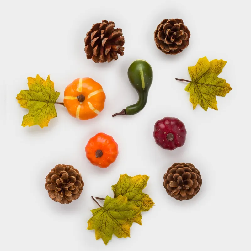 Набор декоративный, 4 см, 12 шт, пенопласт, Тыквы с шишками и листьями, Autumn fusion