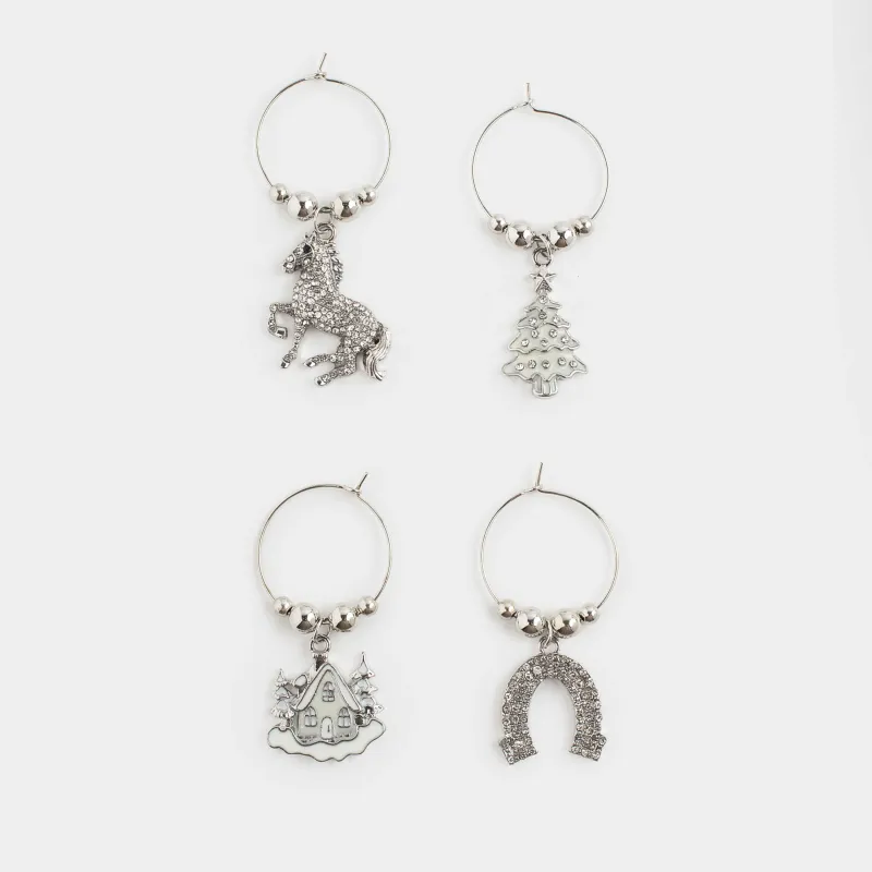 Подвеска для бокала, 4 шт, металл/бусины, серебристая, Новогодние символы, Christmas time
