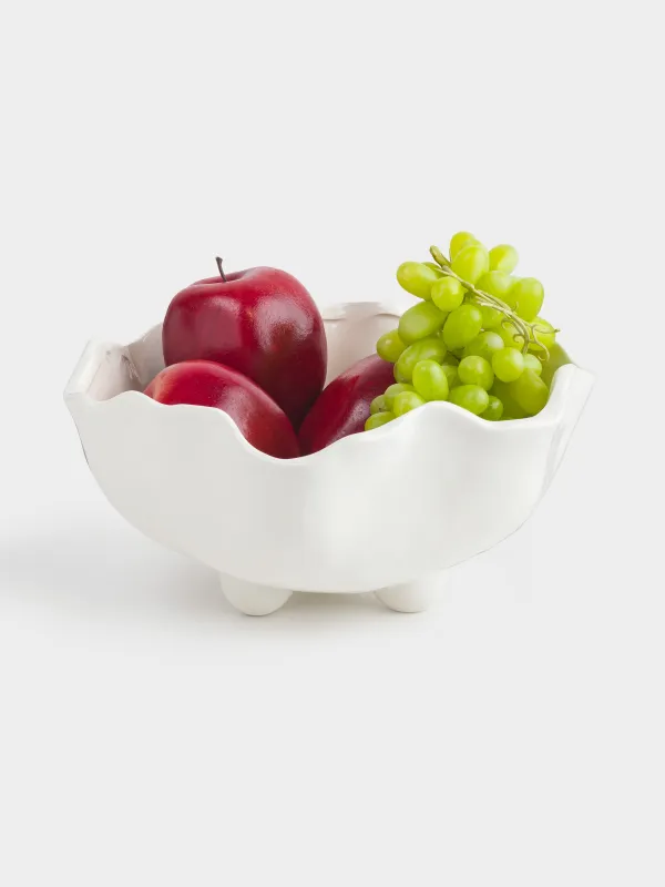 Жеміс вазасы, 25х13 см, аяқты, керамика, сүт түстес, седеп, Мыжылған әсер, Crumple polar, image-5