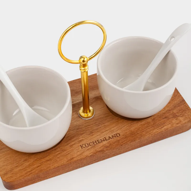 Вазочка для джема, 20x13 см, 2 шт, с ложкой, на подставке, керамика/дерево, молочная, Noble tree, image-2