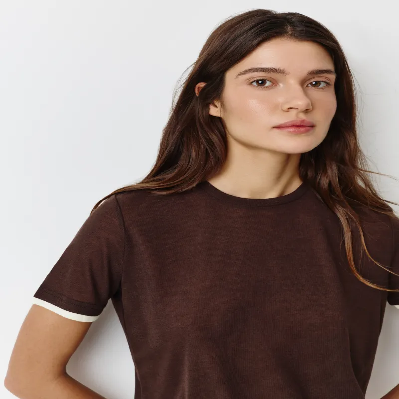 Әйелдер футболкасы, өлшемі L, жиегі бар, полиэстер/мақта, қоңыр, Franziska, image-1