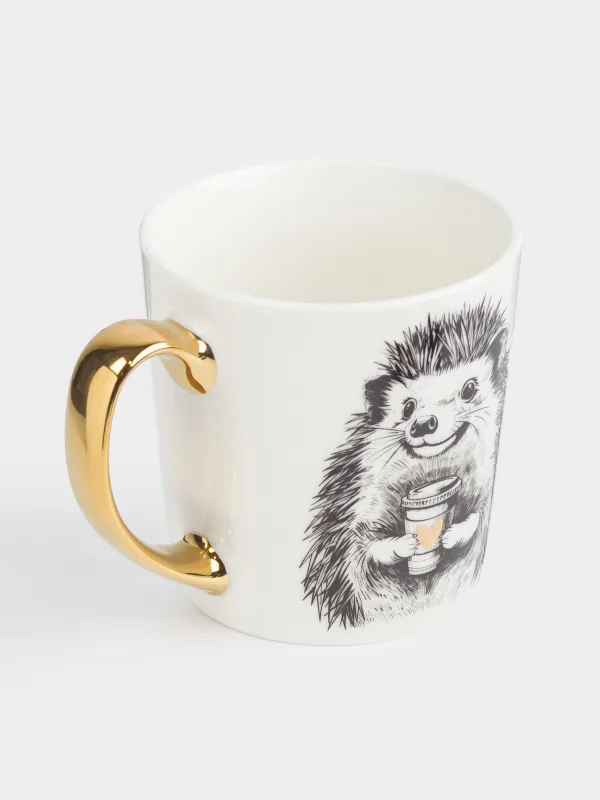 Кружка, 500 мл, фарфор N, бело-золотистая, Еж с кофе, Forest animals, image-2