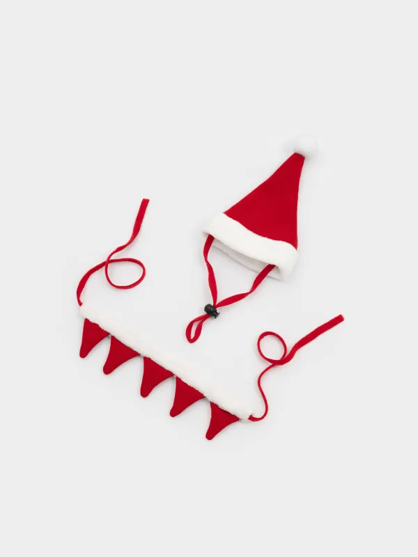 Жануарларға арналған карнавалдық жиынтық, 2 зат, жаға/қалпақ, полиэстер, қызыл, Аяз ата, Christmas pet, image-1