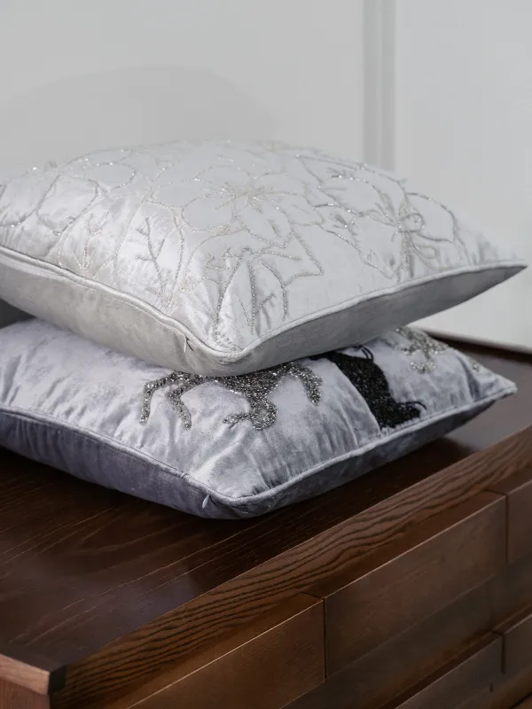 Подушка декоративная, 50х50 см, вельвет/бисер, серая, Цветы, Print, image-8