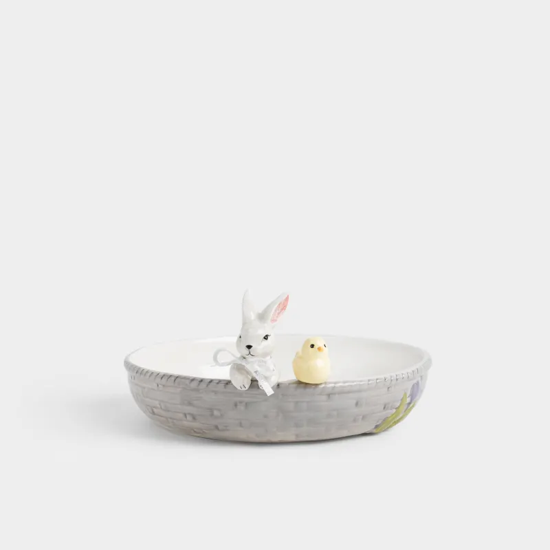 Блюдо глубокое, 26х6 см, керамика D, молочно-серое, Кролик и цыпленок в корзине, Easter