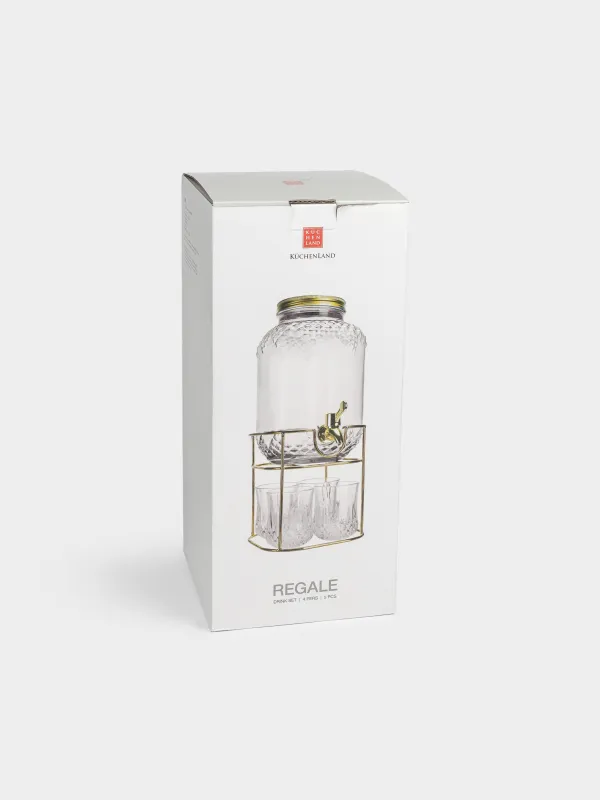 Сусын жинағы, 4 тұлға, 5 зат, стенд диспенсері, алтын, шыны/металл, Regale, image-13