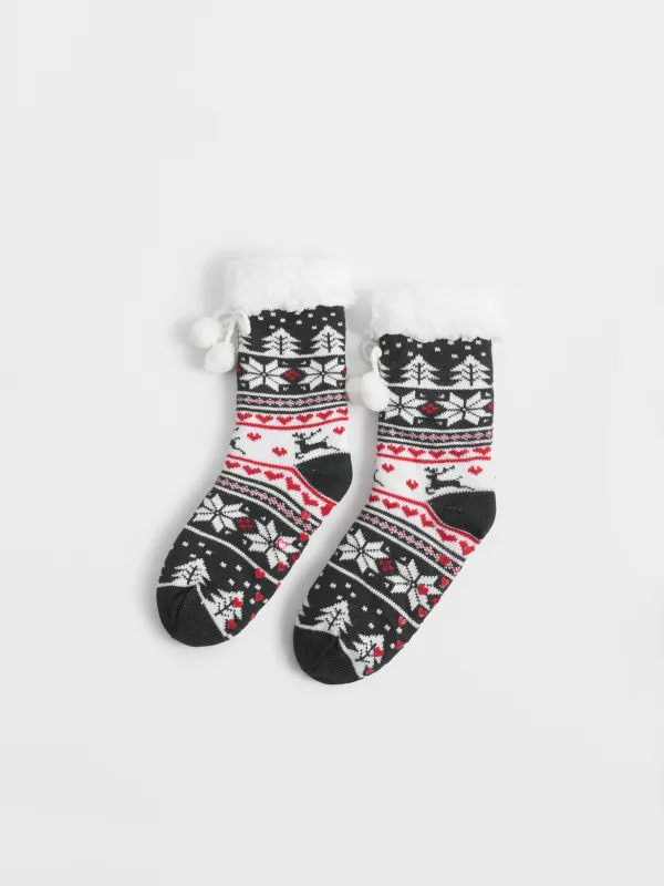 Әйелдер шұлықтары, үйге арналған, өлшемі 36-38, помпондары бар, акрил/шерпа, ақ және қызыл, Қысқы өрнек, Hot winter, image-0