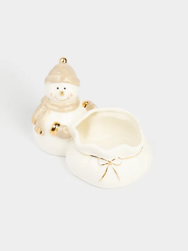 Конфетница, 17х12 см, фарфор P, бело-бежевая, Снеговик с мешком, Snowy, image-1