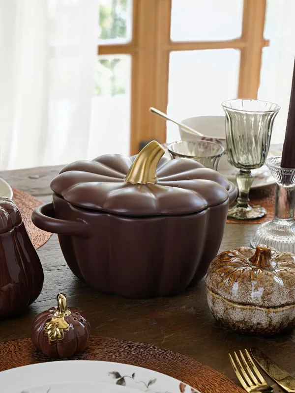 Форма для запекания, 21 см, с крышкой, керамика, коричнево-золотистая, Тыква, Gourd, image-6