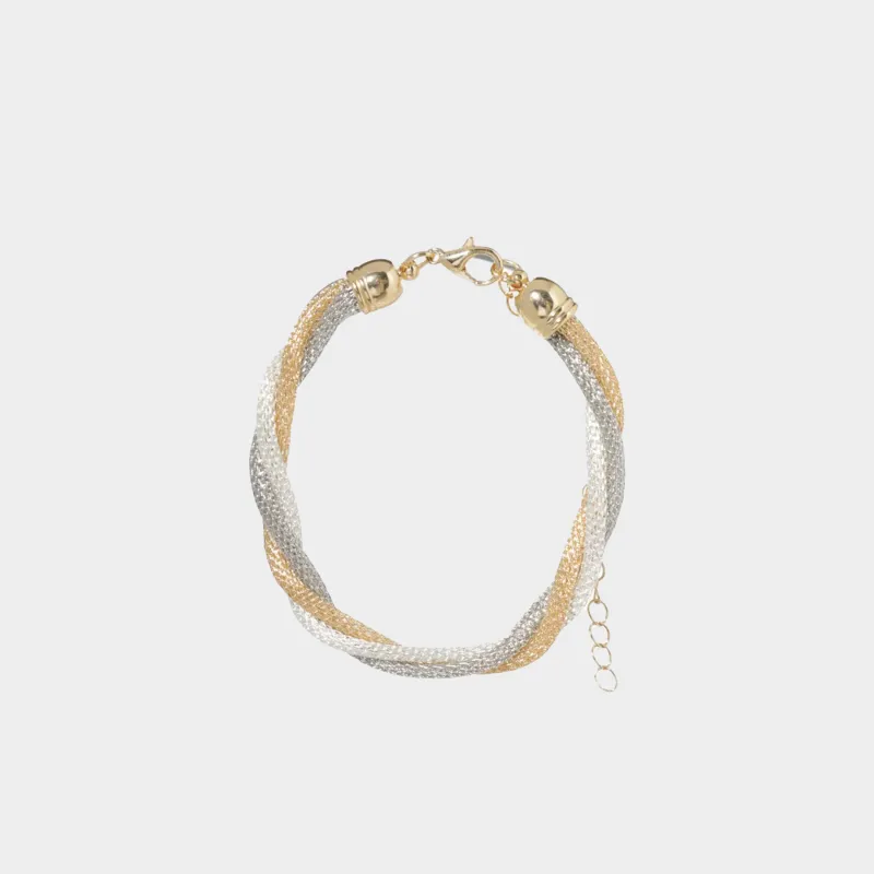 Браслет, 24 см, тройной, металл, золотисто-серебристый, Жгут, Flagel