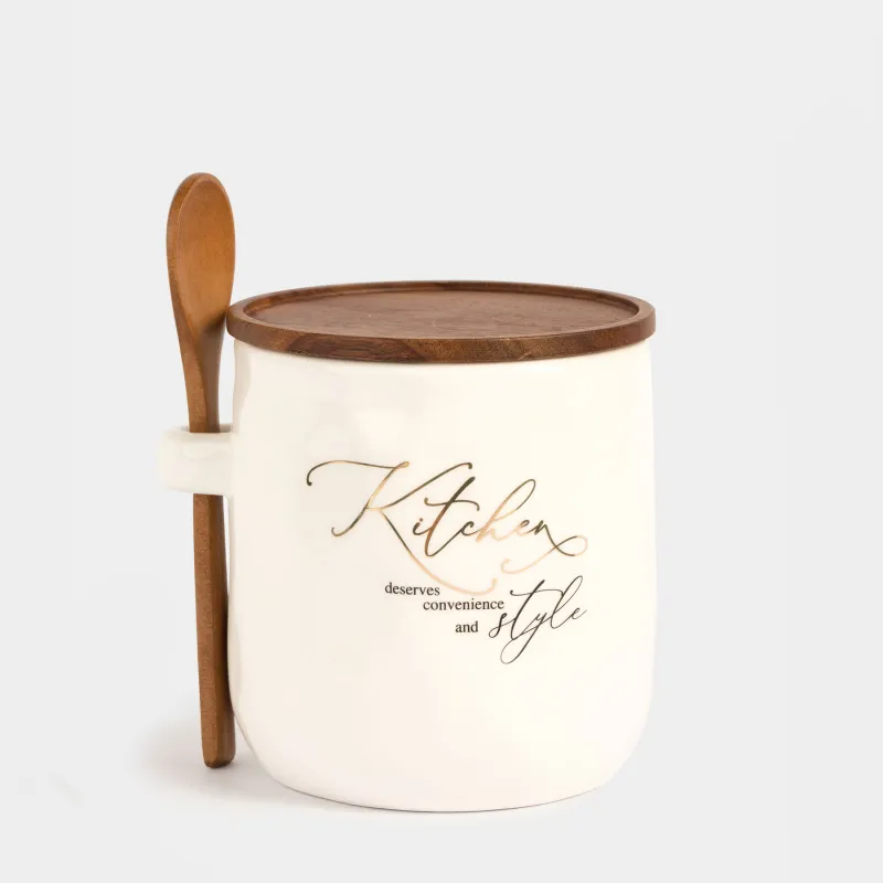 Емкость для хранения, 12x12 см, 650 мл, с ложкой, керамика D/дерево, Мятый эффект, Crumple kitchen