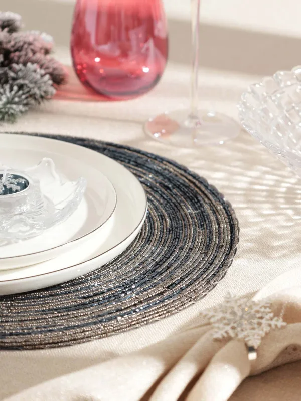 Салфетка под приборы, 36 см, бисер, круглая, серебристо-синяя, Спираль, Rotation beads, image-4