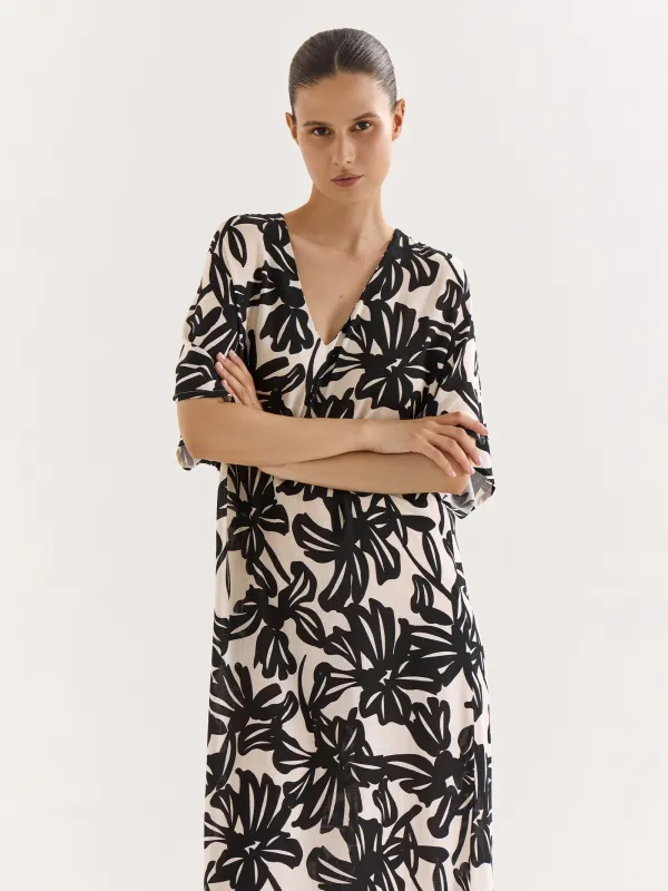 Әйелдер көйлегі, макси, өлшемі S, қысқа жеңді, вискоза, сарғылт-қоңыр және қара, Гүлдер, Almi, image-1