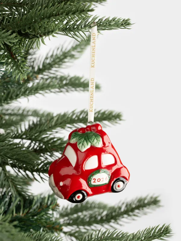 Игрушка елочная, 7 см, керамика, красная, Машина с венком, Figure christmas, image-4