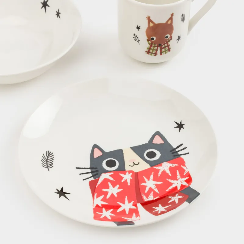 Набор посуды, детский, 1 перс, 3 пр, фарфор N, белый, Животные в шарфах, Forest animals, image-5