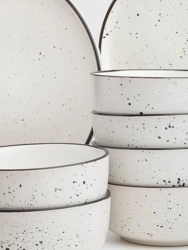 Ас сервизі, 6 адам, 18 зат, керамика, ақ, қара жиегі бар, дақты, Speckled black, image-1