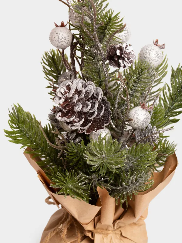 Сәндік композиция, 30 см, крафтта, пластик/пенопласт, Ақ жидектер мен шырша бүршіктері, White berry, image-2