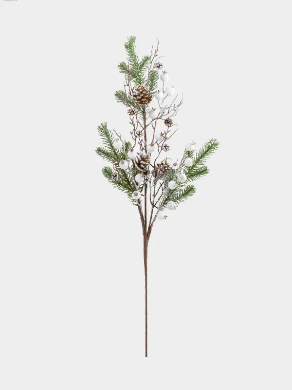 Ветка декоративная, 73 см, пластик/полиэстер, Белые ягоды и шишки, White berry, image-0
