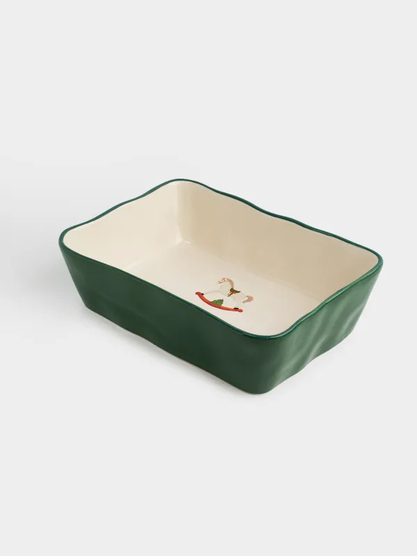 Форма для запекания, 26х19 см, керамика, прямоугольная, зеленая, Лошадка, Christmas green, image-1