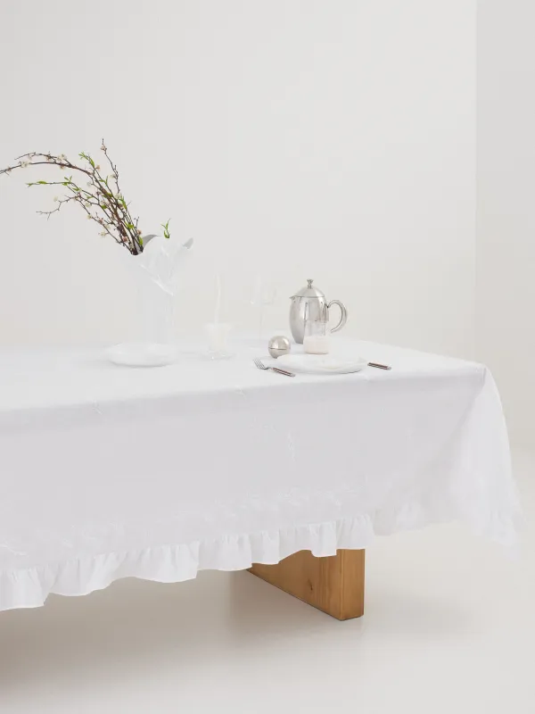 Скатерть, 170х250 см, полиэстер, с рюшами, белая, Цветочные ветви, Wavy branches, image-4