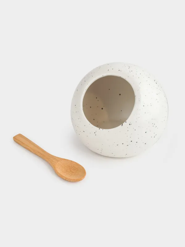 Тұзға арналған ыдыс, 13 см, қасығы бар, керамика, ақ, дақты, Speckled black, image-5