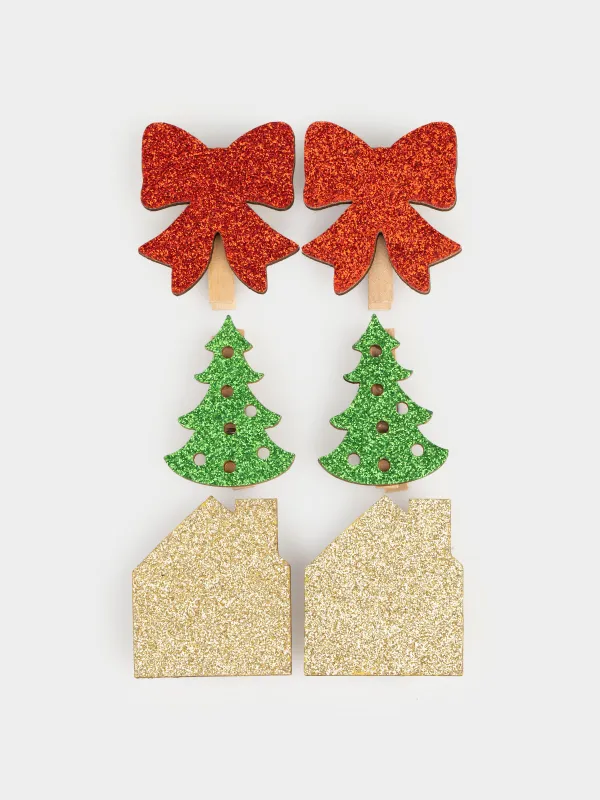 Сәндік қыстырғыш, 5 см, 6 дана, ағаш, жылтырақтары бар, Мерекелік атрибуттар, Figure wood, image-0