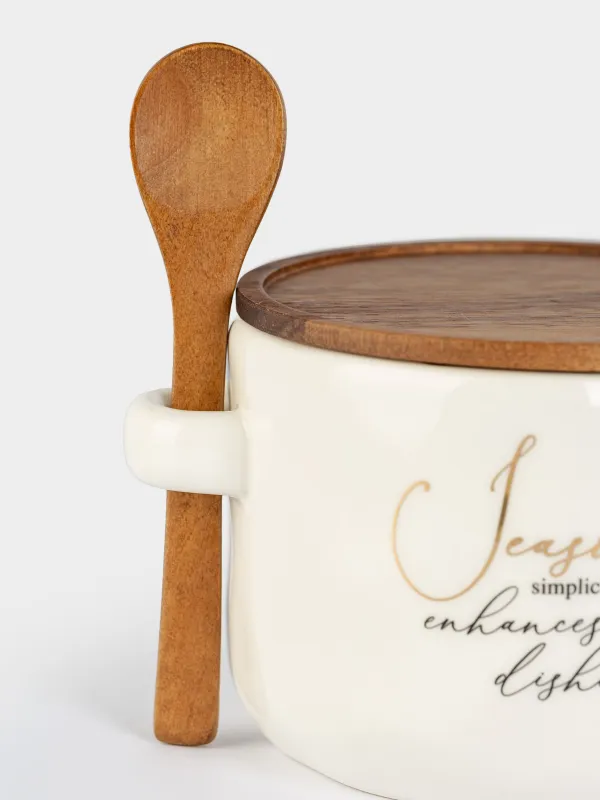 Дәмдеуіштерге арналған ыдыс, 12х8 см, қасығы бар, керамика/ағаш, Мыжылған әсер, Crumple kitchen, image-1