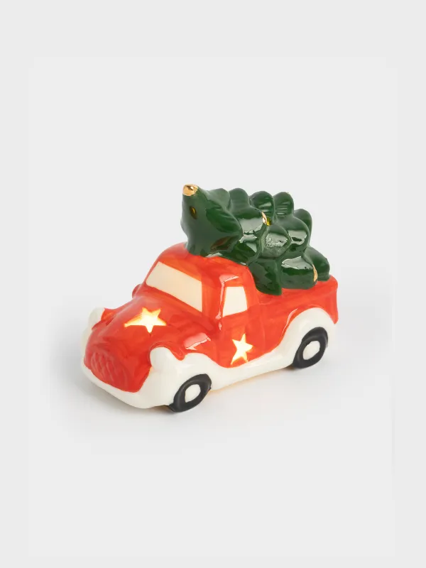 Статуэтка с подсветкой, 8 см, фарфор P, красно-зеленая, Машина с елкой, Red car, image-2