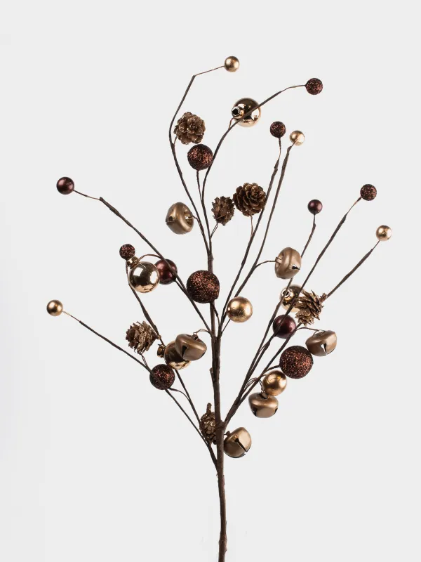 Ветка декоративная, 70 см, Бронзовые шары с шишками, Bronze decor, image-1