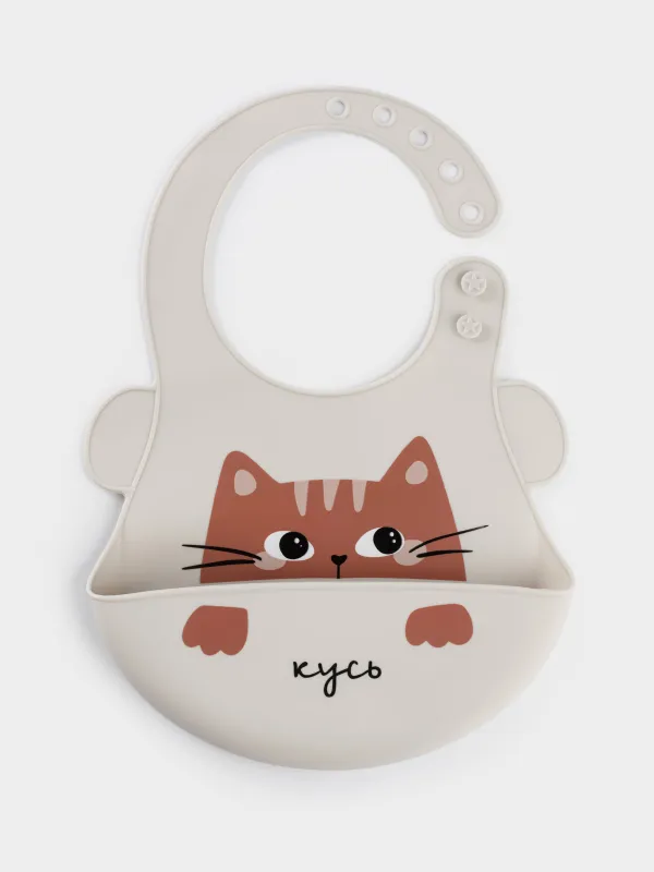 Нагрудник, детский, 28х21 см, с карманом, силикон, серый, Кошка, Kiddy, image-0